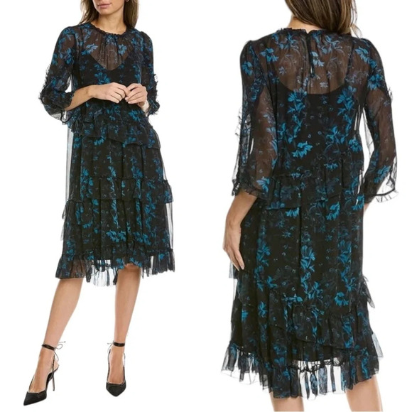 AllSaints Macey Cultivar Chiffon Floral Midi Dress Black and Blue Size XS NWT - Picture 1 of 14